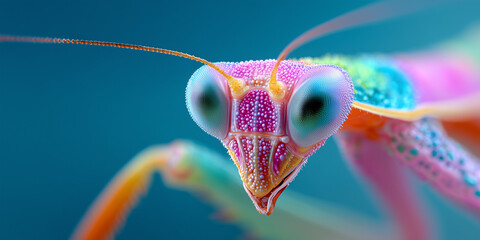 Extreme close-up frontal portrait of a colorful Praying Mantis with huge turquoise eyes and pink and orange markings expressing direct focus and hypnotic gaze