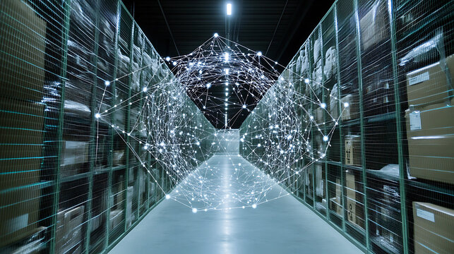 Digital network overlay in a modern data storage facility hallway - Powered by Adobe