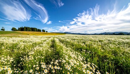 Wide shot of a field of daisies under a vibrant sky