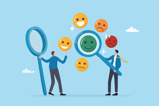 Sentiment analysis, user review, emotion feedback or employee survey result, feeling or impression on product and service, rating or perception concept, businessman analyze user feedback emotion.