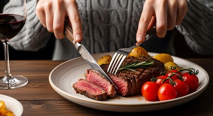 Medium Rare Steak Dinner Being Cut with Wine and Roasted Vegetables