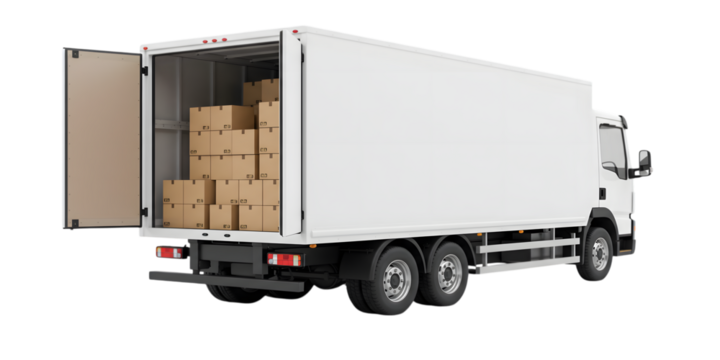 Delivery truck with open back doors and cardboard boxes isolated on transparent background