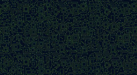 Technology background Dark navy blue background with a dense pattern of green circuit board squares and lines