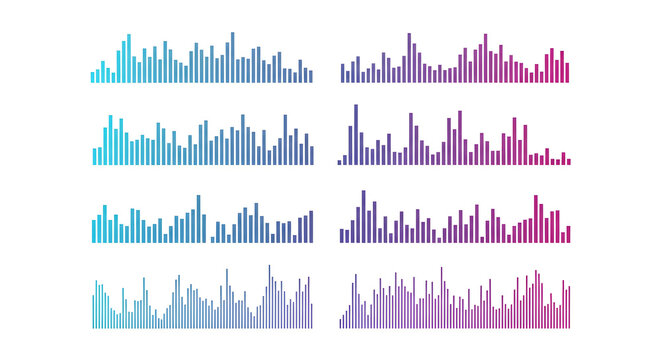 Dynamic audio waveform graphics in blue and purple gradients for modern tech and music themes