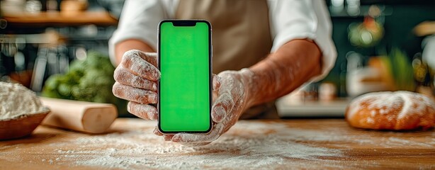 Flour-dusted hands hold a phone with a green screen in a kitchen
