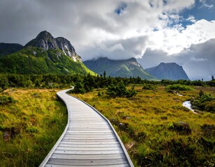 Winding boardwalk through a lush mountain landscape