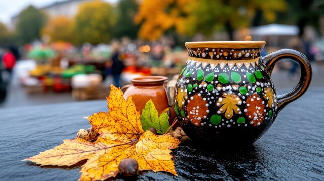 Harvest festival celebration with colorful pottery market setting autumn leaves outdoors artistic display