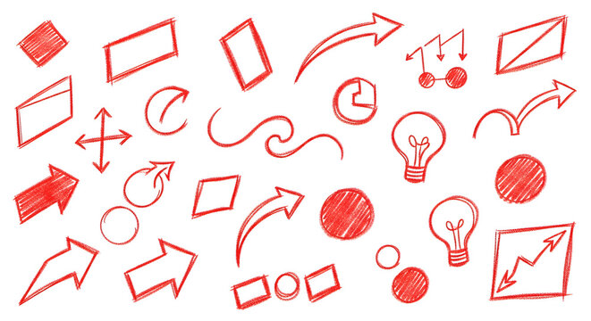 Dynamic collection of hand-drawn red icons and symbols for business and creative projects