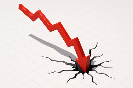 Financial Decline: A red arrow plunges into the ground, symbolizing the critical concept of financial decline, a metaphorical visual representing economic instability. 