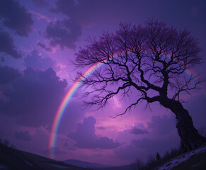 Rainbow branching in purple sky, fantasy world