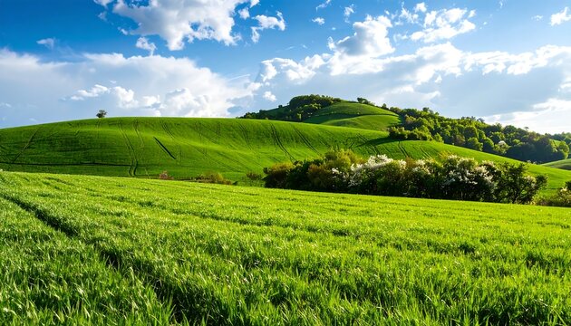 Rolling hills and lush green fields under a partly cloudy sky
