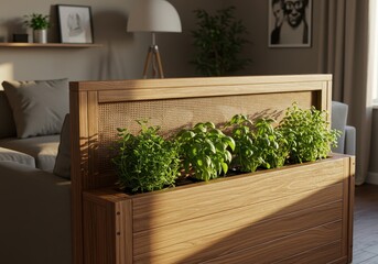 Wooden Planter in Cozy Living Room with Natural Light and Indoor Plants on Display