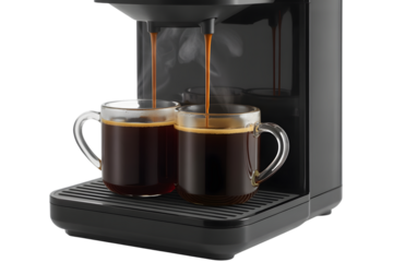 A black coffee machine is brewing two cups of dark coffee with steam isolated on transparent background