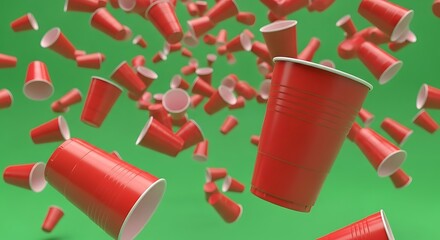Red Plastic Party Cups Falling Against a Vibrant Green Background.