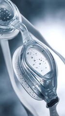 Transparent swimming goggles with water droplets inside after a swim.