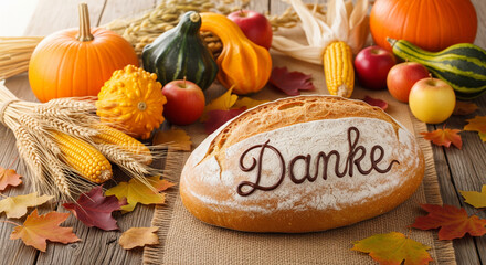 Round bread with chocolate "Danke" script in grateful mood on burlap placemat surrounded by harvest items and autumn leaves