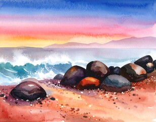 Watercolor seascape of a vibrant sunset over a rocky beach