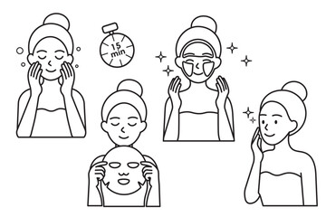 Line art vector illustration of woman skincare routine with sheet mask, cleansing, and eye patches. Minimal outline style, perfect for beauty, spa, wellness, and cosmetic product design projects.