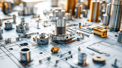 Array of mechanical parts and components precisely arranged on engineering drawings, highlighting the detail and precision involved in mechanical design and manufacturing