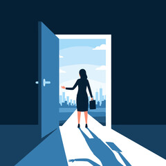 Businesswoman walking through an open door towards a bright future cityscape representing new opportunities and career advancement