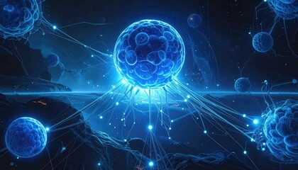 Obraz premium Abstract Digital Landscape with Glowing Blue Spheres and Interconnected Lines Futuristic Sci Fi Concept with Faint Horizon