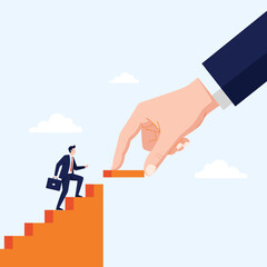 Obraz premium Giant Hand Helping Small Businessman Climb Staircase to Success and Opportunity