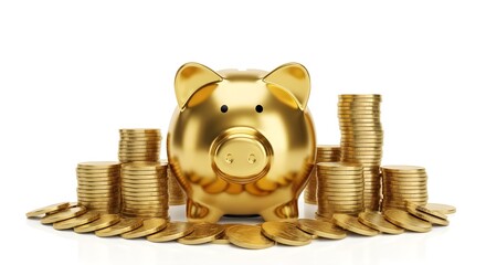 Golden Piggy Bank and Stacked Coins (Realistic image of a golden piggy bank with stacked coins symbolizing savings.)