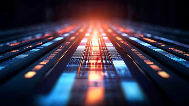 Abstract digital data stream with glowing lines and illuminated pathways in a futuristic technological environment - Powered by Adobe