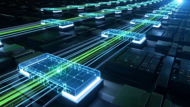 Futuristic digital circuit board with glowing data packets and light trails symbolizing advanced technology