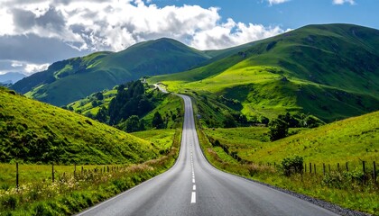 Winding road through lush green hills under a partly cloudy sky