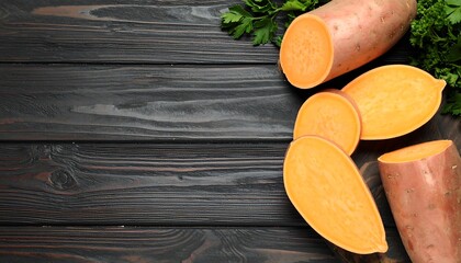 Sliced sweet potatoes on dark wood