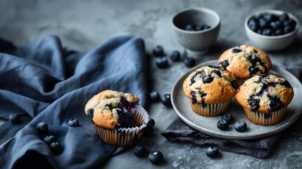 Creative food concept. Blueberry Cupcake cake with half bitten muffin and blueberries fruit scattered round on dark rustic concrete background with linen cloth. copy text space. Long banner