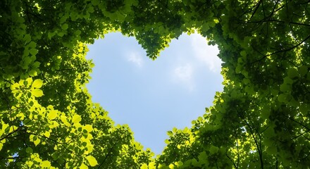 Heart shape tree canopy leaves against blue sky nature love and environment background