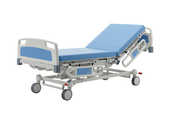 Adjustable hospital bed with blue mattress isolated on transparent background