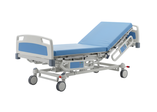 Adjustable hospital bed with blue mattress isolated on transparent background