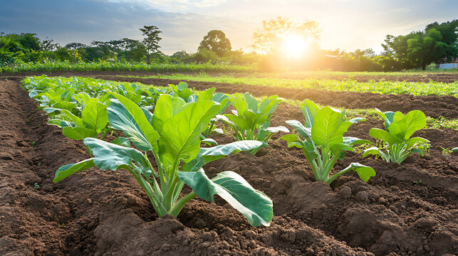 Rows of young leafy green vegetables growing in a cultivated field at sunrise