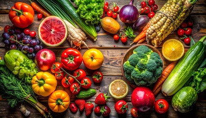 A vibrant assortment of fresh organic fruits and vegetables on a rustic wooden table, embodying a healthy diet and nutrition
