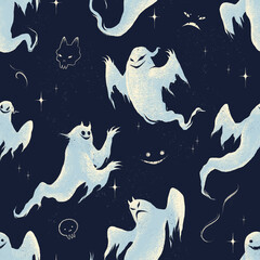 Spooky seamless pattern with creepy cartoon ghosts in retro halftone style, dark navy background. Halloween theme.