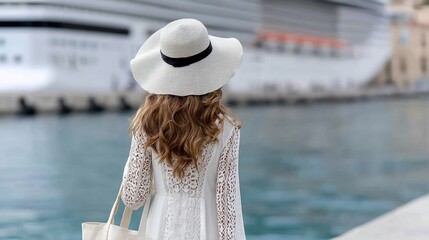 Woman in white hat & dress facing ocean, cruise ship in the background