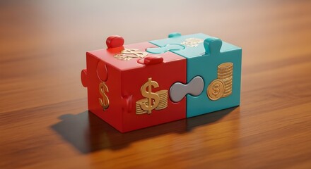 Investment Puzzle Pieces Concept (Realistic photo of puzzle pieces with financial icons fitting together.)