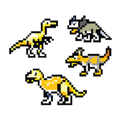 Dinosaur 8-Bit Pixel Art Icon Set. Collection of 4 Retro Prehistoric Monster Sprites