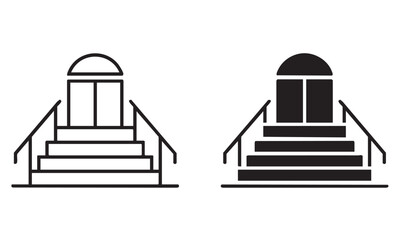 Building entrance with stairs and railing in black and white
