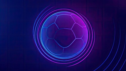 Abstract Soccer Ball With Neon Purple and Blue Glowing Light Trails Against Dark Blue Grid Background Creates a Futuristic Sports Atmosphere