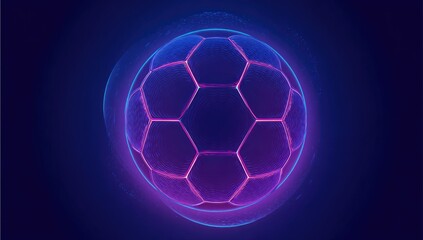 Abstract Soccer Ball with Neon Blue and Purple Hues Floating in Dark Blue Background for Futuristic and Technological Theme Illustration