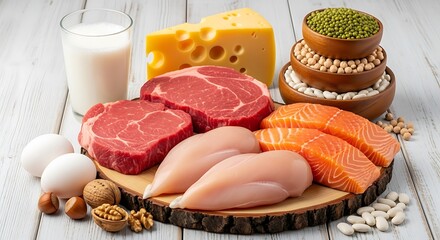 Protein rich foods for healthy diet displayed on wooden surface
