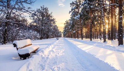 Winter park path at sunset