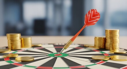 Investment Target Achievement (Realistic photo of a dart hitting bullseye surrounded by coins.)