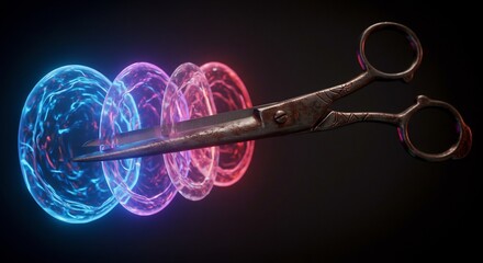 輝くネオン環を鋭く切る古風なハサミ 神秘的幻想的. AI Generated