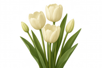 White tulips blooming, verdant leaves framing delicate petals against transparent backdrop