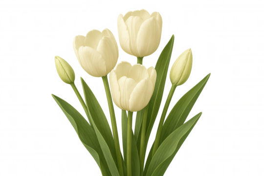 White tulips blooming, verdant leaves framing delicate petals against transparent backdrop